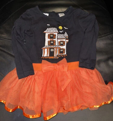 Girl's Halloween Costume 2T Orange Tutu Dress Haunted House Bats Full Moon - Image 1 of 2