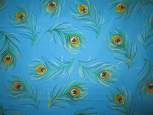 PEACOCK FEATHERS METALLIC GOLD BLUE FEATHERS COTTON FABRIC FQ - Picture 1 of 7