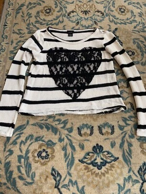 Juniors Rue 21 Black & White Stripe Lace Heart Long Sleeve Shirt Top Size Small - Image 1 of 4