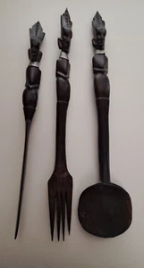 Vintage African Hand-Carved Wooden Large Spoon Fork & Knife Set 14" Tribal Decor - Picture 1 of 24