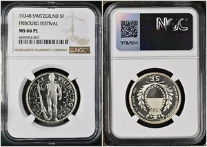 1934 Schweiz 5F Freiburger Schützenfest *NGC MS66PL - Bild 1 von 4