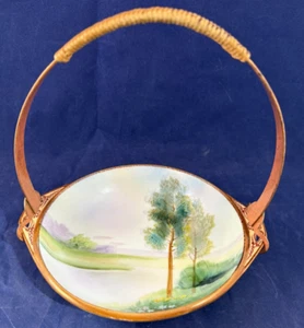 Vintage Noritake Hand Painted Porcelain Bowl with Copper Rattan Wrapped Handle - Picture 1 of 7