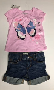 OshKosh Pink Butterfly Flower Short Sleeve Shirt & Denim Jean Shorts Sz 2T - Picture 1 of 8