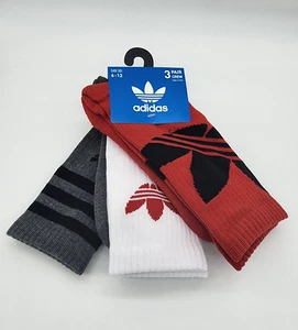 3 Pair Adidas Crew Socks, Men's Shoe Size 6-12, Gray / Red / White S5 - Picture 1 of 4