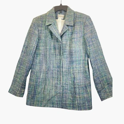 Coldwater Creek Women Size 10 Tweed Blazer Jacket Blue Green Silk Blend Pockets - Image 1 of 4