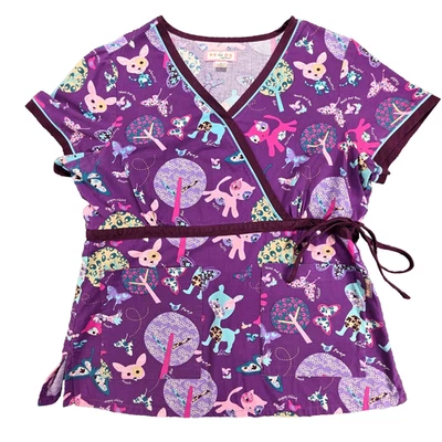 KOI by Kathy Peterson Women Large Mock Wrap Scrub Top Purple Animal Print 2 Pock - Image 1 of 4