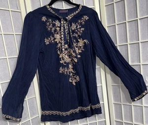 Johnny Was Jade Peasant Tasseled Embroidered Tunic Top in Navy Blue size Small - Picture 1 of 16