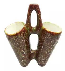 Kunstkeramik Doppelvase braun grün weiß Glasur strukturiert 8" abstrakt Wohndeko - Bild 1 von 6