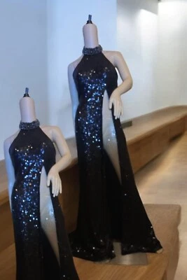Sequin beaded Maxi SHERRI HILL Ladies Halter dress size 2 black Prom Party HQ - Image 1 of 4