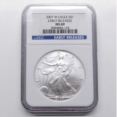 Lingotes de plata bruñida American Eagle 2007 NGC Mint State 69 lanzamientos tempranos Foto 1 de 2