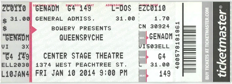 2014 Geoff Tate Queensryche Full Complete Concert Ticket Stub Atlanta GA - Image 1 of 1