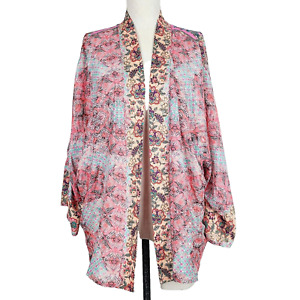 Mahila Anthropologie Open Kimono Top S Pink Multi Floral Boho Dolman 3/4 Sleeve 