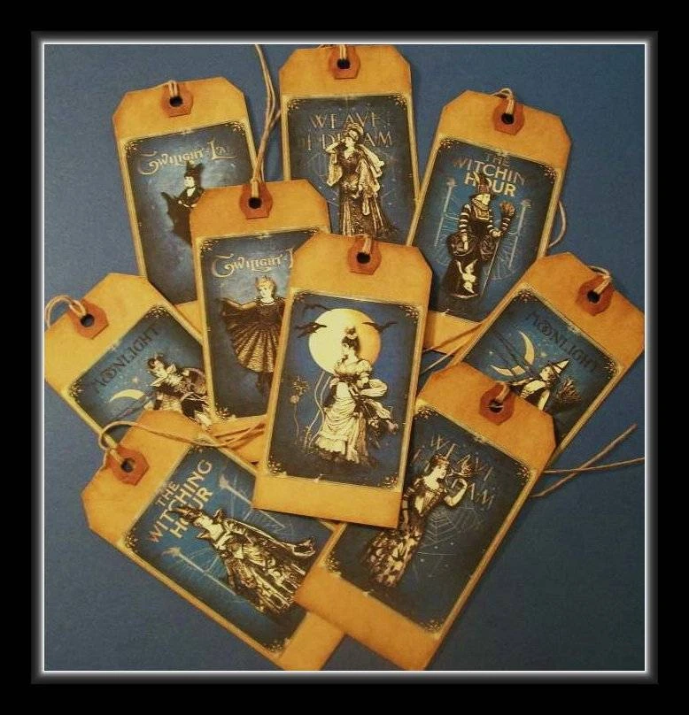 SET OF NINE GOTHIC WITCHES HANG TAGS - PRIMITIVE HALLOWEEN DESIGN - NEW - Image 1 of 4