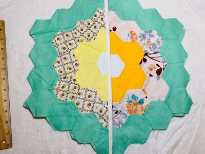 Antique Cotton Fabric 1930s Grandma's Garden 2 Quilt Blocks Hand Pc'd 16.5" - Image 1 of 4