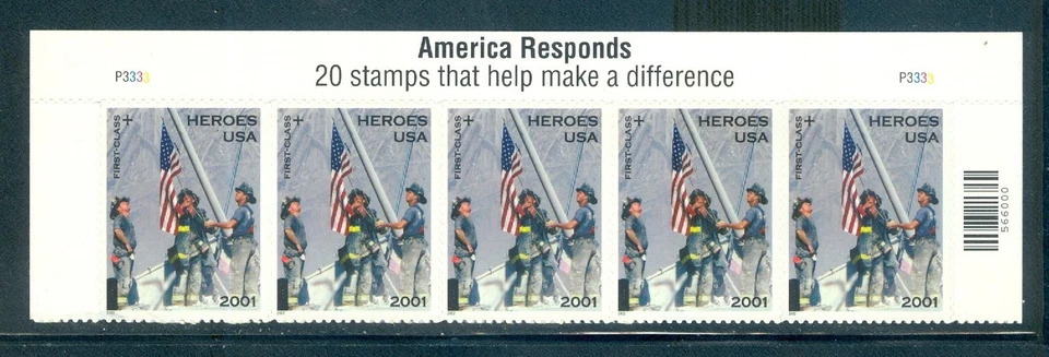 US B2 Semi Postal, Heroes World Trade Center, Top Plate # P3333, Strip/5, MNH - Image 1 of 1