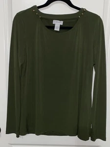 Carmen Marc Valvo Large Olive Green Long Sleeve top Open Neck Gold Studs Stretch - Picture 1 of 6