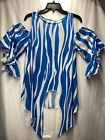 Women Cold Shoulders Ruffle Short Sleeve Top Size S Blue/White Front Tie Blouse