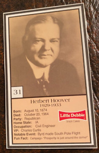 1992 LITTLE DEBBIE CAKES PRESIDENTS Card - Herbert Hoover - 31st President