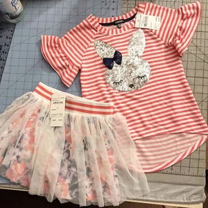 Easter Spring Outfit ZUNIE Girls Coral Stripe Bunny Applique Top & Skort sz 5 - Picture 1 of 8