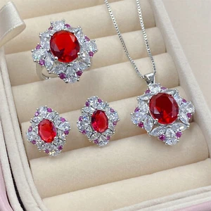 New Wedding Jewelry Set Mix Garnet Topaz Gems Women Silver Earring Pendant Ring - Picture 1 of 10