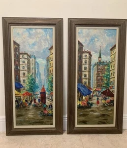 VINTAGE SIGNED A. VALENTIN OIL PAINTING FRAMED PARIS FRANCE Wood Oak MCM Frame - Picture 1 of 24