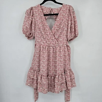 B. Darlin Pink Floral Print Ruffle Mini Dress Short Sleeve Back Cutout Summer - Image 1 of 4