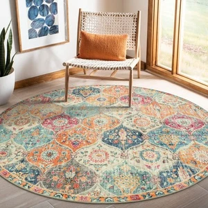 Moroccan Trellis Washable Round Area Rug, Round Rug 5ft Soft Non-Slip, Non-Sh... - Picture 1 of 6