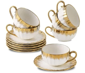 6 Personen Sets Kaffee Teeservice, 6 Kaffeetassen mit Goldrand und 6 Untertassen Teller - Bild 1 von 8