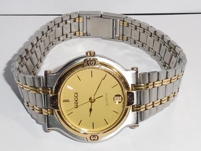 GUCCI 9000M 2 TONE STAINLESS & GOLD QUARTZ WRISTWATCH WITH DATE. WORKING - image 1 of 4