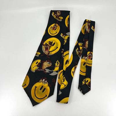复古 Looney Tunes Mania 领带男式黑色 1996 年衬衫领带 90 年代卡通 Taz — 第 1/4 张图片