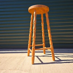 Vintage Pine Wood Round Bar Stool Kitchen Stool Pub Stool With Turned Design - Picture 1 of 17