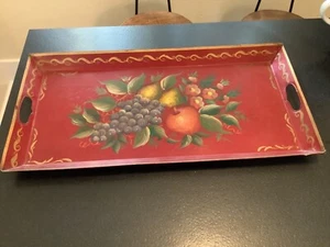 Vintage Red Metal Tray Flowers Fruit - Picture 1 of 7