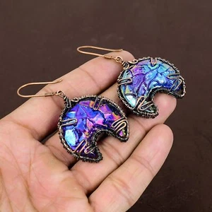 Natural Titanium Druzy Gemstone Handmade Copper Wire Wrap Earring 2.56" t721 - Picture 1 of 8