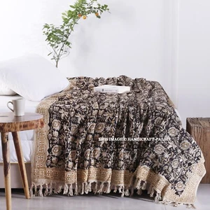 Bohemian Hand Block Printed Cotton Soft Throw King Size Blankets Sofa Bed Shawl - Picture 1 of 13