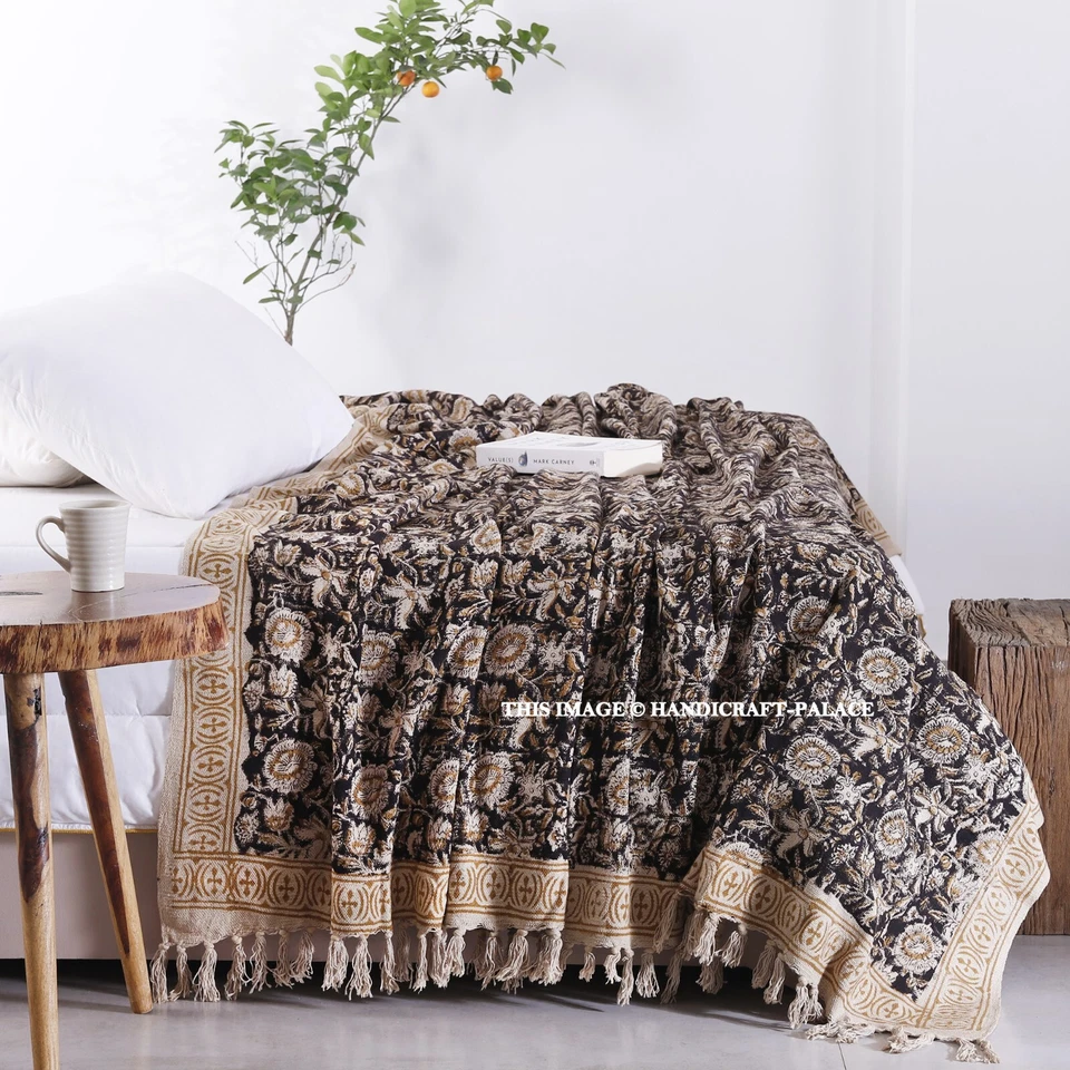 Bohemian Hand Block Printed Cotton Soft Throw King Size Blankets Sofa Bed Shawl - Image 1 of 1
