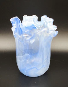 Murano Lavorazione Arte Italy Ruffle Edge, 5" hand blown Blue-hues, Glass Vase - Picture 1 of 8