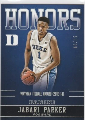 JABARI PARKER 2015 DUKE COLLEGIATE HONORS SILVER PARALLEL INSERT SERIAL #'D /99 - Image 1 of 2