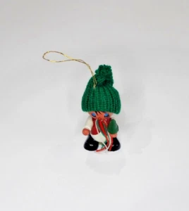 Vintage Wooden Wood Christmas Ornament Elf Green Knit Hat Holding Bell Holiday - Picture 1 of 5