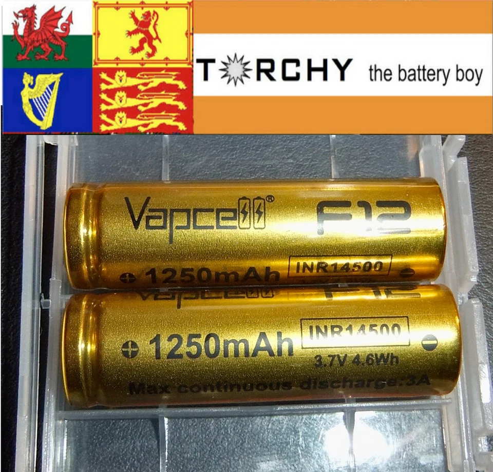2x Vapcell F12 1250mAh 14500 Li-Ion rechargeable battery + case FREE P&P - Image 1 of 3