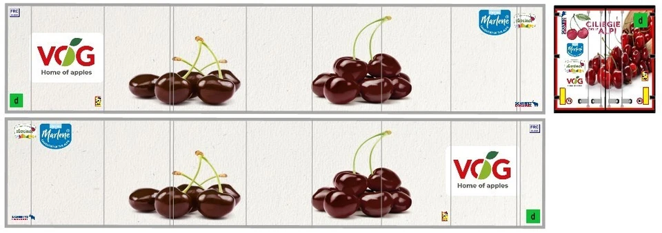 Nuova Grafica Ciliegie Delle Alpi adesiva per rimorchi frigo Herpa 1/87. - Immagine 1 di 1