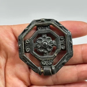 Antique Drawer Pull Ring Brass Victorian Dresser Ornate hinged Octagonal Handle - Picture 1 of 4