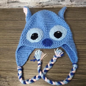 Youth Size Blue Monster Crochet Hat With Standing Ears Braid Ties - Picture 1 of 4