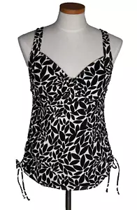 LANDS END 8DD Tankini Top ONLY Black White Leaf Side Ruching Attached Bra Swim - Picture 1 of 8