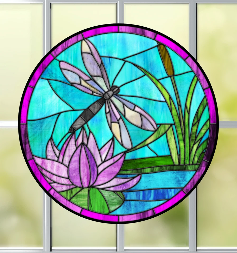 Libélula Lirio de Agua Imitación Vidriera VENTANA ADHERENCIA Tamaño 8" Vinilo Redondo Foto 1 de 1