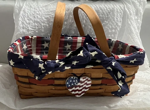 Longaberger Basket - 1992 Patriotic w/Tie-On Charm, Liner, And Plastic Protector Cover