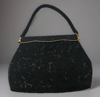 Vintage Black Bead Evening Bag  W/Scalloped Closure-Handmade Hong Kong 7"x 10” - Image 1 of 4