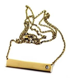 14K Solid Yellow Gold Dainty Bar Tag With Diamond Pendant Necklace 17.5"in - Picture 1 of 8