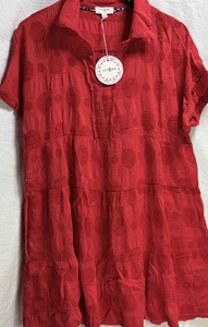 Umgee Red Textured Dot Tiered Tunic Dress M 100% Cotton Pockets NWT Boho Peasant - Picture 1 of 14