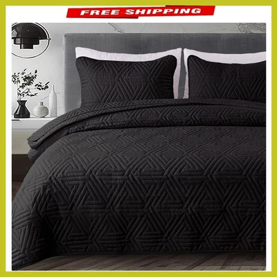 Luxury Black King Size Quilt Set - 3-Piece Ultrasonic Bedding for -Round Use - Image 1 of 4