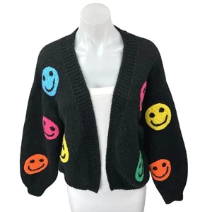 Offener Strick-Cardigan Damen schwarz bunt Retro Smiley Gesicht Pullover Oberteil S - Bild 1 von 3